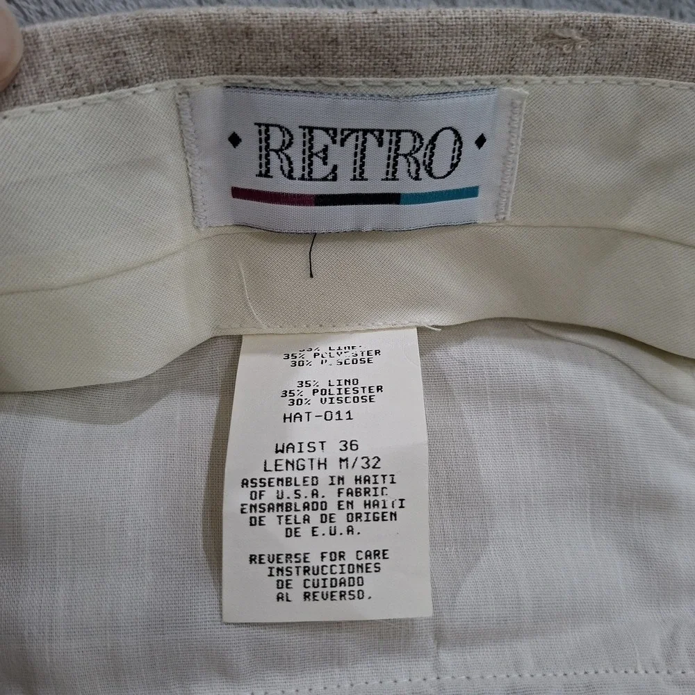 VTG Men's Beige Linen Blend Pants 36x32 Delave Pleated Cuffed Dress Straight Leg